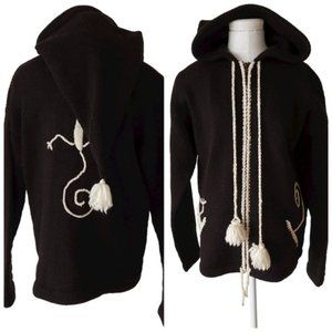 NWT World Folk Art lizard embroidery brown and cream zip up wool cardigan